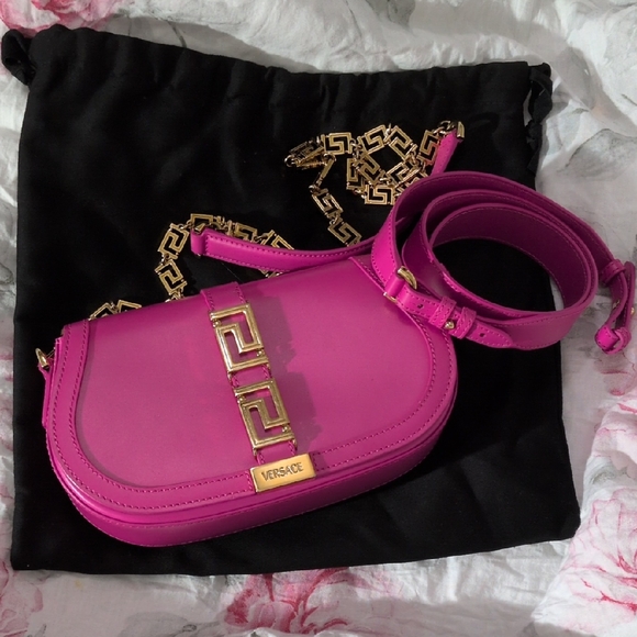 Versace Handbags - VERSACE HANDBAG Fuchsia Leather Crossbody with Gold Greek Hardware
